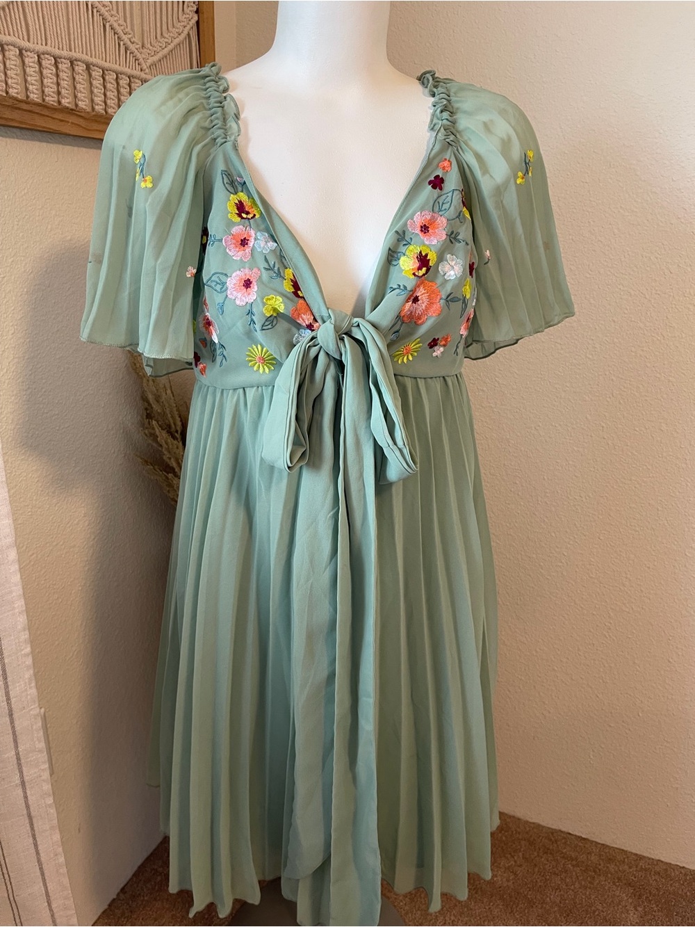 ASOS Maternity Mint Green Floral Embroidered Tie-Front Midi Dress